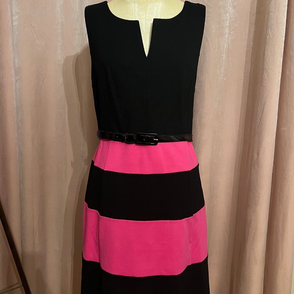INC retro color block dress w/ shiny black belt ~ Sz L